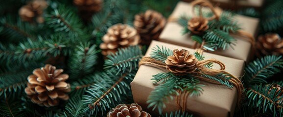 Rustic Christmas Gifts Wrapped in Kraft Paper with Pine Cones and Evergreen Branches