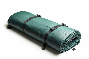 Rolled teal sleeping pad with straps.