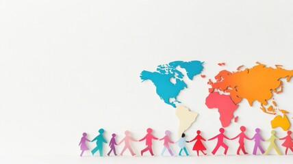 Obraz premium Colorful world map with diverse paper people holding hands for unity and diversity concept