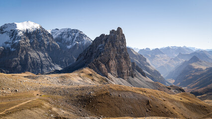 landscape in the mountains in autum,. blue sky,