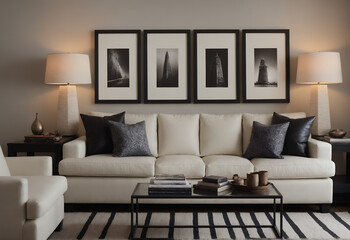 A modern living room with a white colour fabric sofa set against a soft-white colour wall featuring vertical poster frames in wooden frame borders 3d illustration template mock-up design.