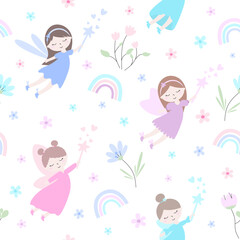 seamless pattern with fairies, rainbow and flowers