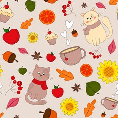 seamless autumn pattern with cats, cup, cake