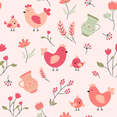 seamless pattern with birds and flowers