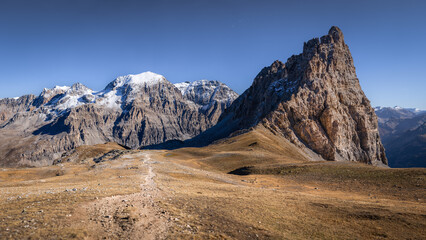 landscape in the mountains in autum,. blue sky.
