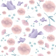 seamless pattern with watercolor flowers and birds