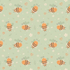 cute seamless pattern with bees and flowers