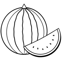 Watermelon fruit outline black and white cute drawing. The fruit is the main focus of the image. The fruit adds a touch of nature and freshness to the scene. The image is simple and clear.