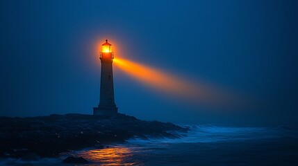 Distant Lighthouse Glowing on Rocky Shore Beam Cutting Through Darkness