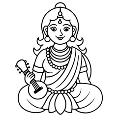 maa saraswati sketch hand-drawn page line drawing line art icon sign silhouette vector illustration on white background for photo overlays t-shirt print flyer poster design