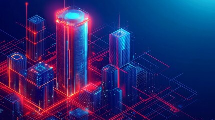 Isometric vector concept: Advanced technology in intelligent building automation with computer networking for futuristic IoT platforms.