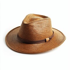 Brown woven hat, wide brim, brown band.
