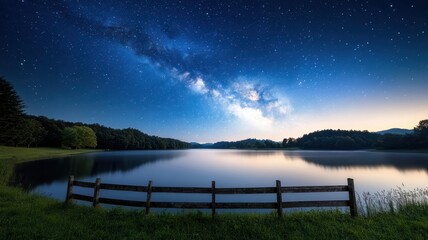 Serene Night Sky Over Calm Lake with Milky Way and Wooden Fence