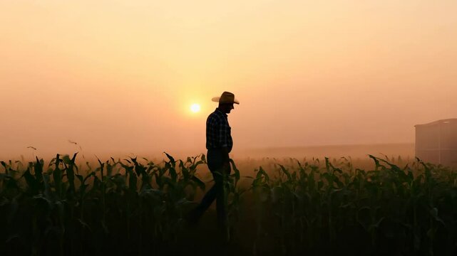 Farmer walks along a cornfield in the evening fog. In the distance is a granary. A farmer's quiet journey through the foggy cornfield. Rural life and agriculture.