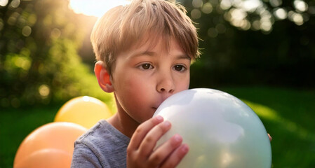 Naklejka premium Close-up of a child blowing up balloons, a blurred background, soft light
