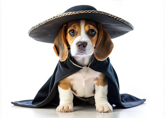 Cute Beagle Puppy Zorro Costume Minimalist Photo - Superhero Dog White Background