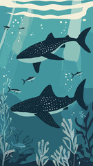 Obraz premium Art Deco Whale Shark Watching Poster in Oslob Cebu Philippines Minimalist Vector