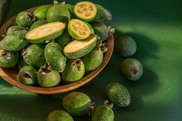 Feijoa green fruit bowl. Diet food. Guava harvest. Diet nutrition