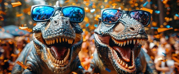 Two Cool Dinosaurs at a Festival - Sunglasses, Confetti, and Fun