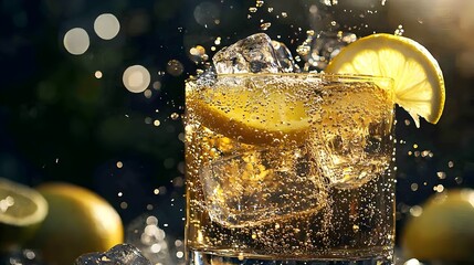 Sparkling Citrus Delight: A refreshing glass of iced tea, garnished with a lemon wedge, bubbles up with vibrant energy and summery refreshment.