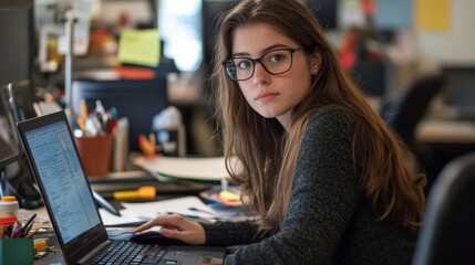 Fototapeta premium Young caucasian female student studying at laptop in office environment.