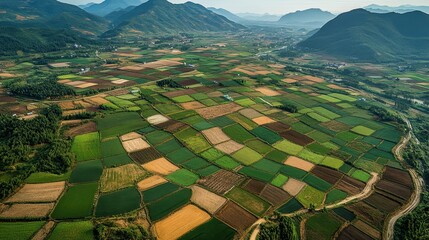 Aerial View of Lush Farmlands Amidst Rolling Hills and Valleys