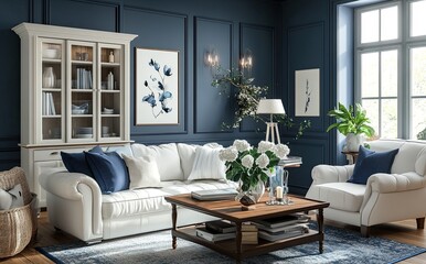 A bright living room with blue walls, a white sofa and armchair, a coffee table, a cabinet on the wall, flowers in vases
