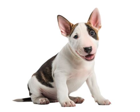 Bull terrier puppy isolated on white background. Bull terrier puppy sitting and looking at camera on white background