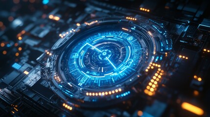 Futuristic, glowing, circular interface on a complex circuit board.