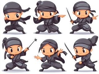 A set of various random cartoon ninja characters in full detail, isolated on a transparent background The collection includes a variety of stealthy ninjas, throwing stars, and martial arts poses, 