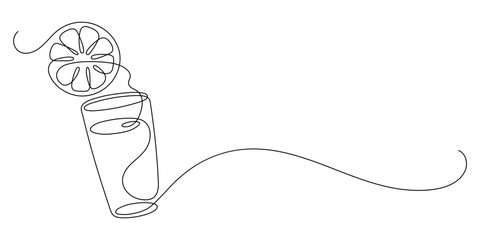 Glass of lemonade, or cocktail with lemon. Continuous line drawing.