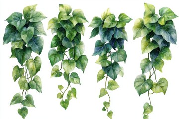 A set of four watercolor illustrations of lush green ivy plants.
