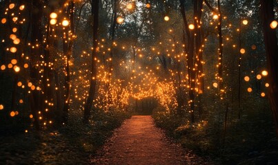 Obraz premium Mystical Forest with Glowing Lights, Generative AI