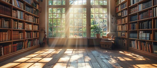 Serene library nook with sunlit bookshelves warm wooden floors and a cozy atmosphere perfect for reading learning and intellectual