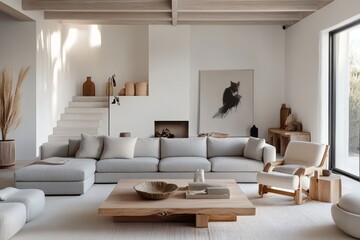 Fototapeta premium Modern Minimalist Living Room With Neutral Tones And Wooden Accents