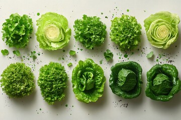 Obraz premium A variety of fresh green lettuces arranged artistically on a white background.