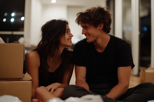 A happy couple sits together surrounded by moving boxes, sharing a loving glance, encapsulating the joy of new beginnings and shared adventures in their new home.