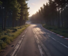 Twisting race track through a dense wooded area during twilight, glow, twilight