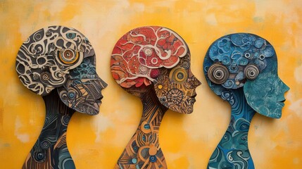 Collage, Rear view, three cut-out paper heads, intricate brain patterns, mental health theme, pastel background, traditional mixed media style