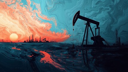 Oil pumpjack at sunset, symbolizing fossil fuel extraction and environmental impact.