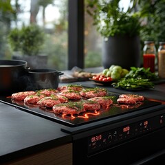 A modern kitchen scene with burgers grilling on a stovetop, surrounded by fresh ingredients.