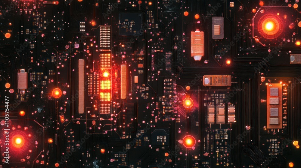 Poster abstract representation of a futuristic circuit board with glowing components and vibrant lights, em