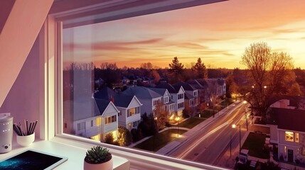 Obraz premium Picturesque Sunset Over Residential Neighborhood with Illuminated Homes and Street