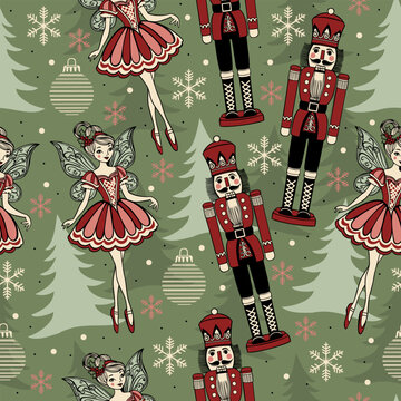 Vector seamless Christmas pattern with nutcrackers, sugar plum fairies, christmas trees, snowflakes and Christmas toys on green background