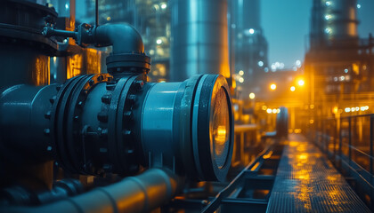 industrial pump at factory at night