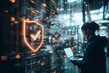 Ai generates cybersecurity insights modern office digital content urban environment close-up viewpoint technology trends