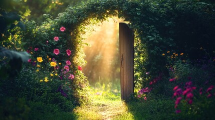 Enchanted Garden Doorway Framed by Vibrant Flowers and Bathed in Soft Golden Light, Inviting Exploration into Nature's Tranquil Beauty and Serenity