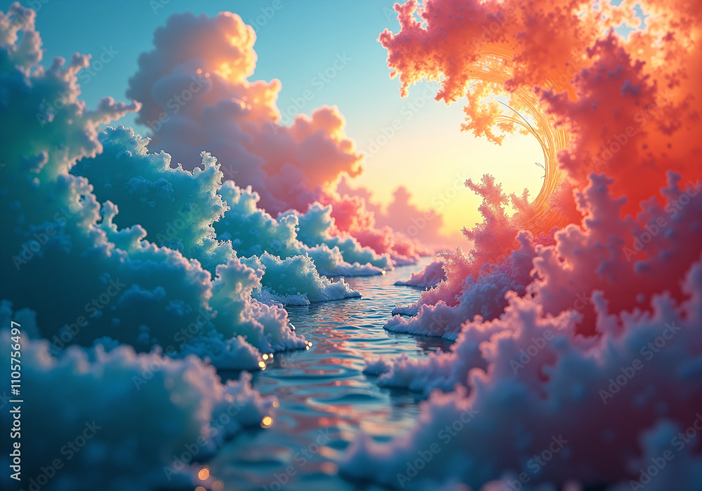 Poster exploring a dreamlike abstract landscape filled with vibrant colors and surreal patterns inviting co