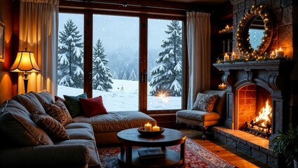 Fototapeta premium Cozy winter room with a view of a snowstorm outside, comfy furniture, light from the fireplace or lamps ,hotel, recreation, view of the snowy forest, interior, ski resort,large window