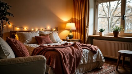 Fototapeta premium stylish and cosy interior, bedroom with a bed and beige rugs, battery, heating, heating season, details, large window with a view of snow-covered trees